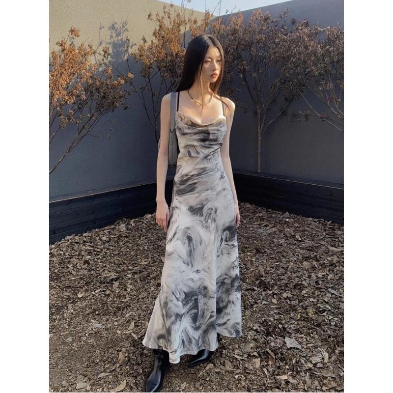 

Длинное платье с открытой спиной, женское бандажное, летние каникулы, сексуальное, тонкое, с галстуком-краской, винтажное, на бретельках, изящный дизайн, китайский стиль, OOTD XXXL серый