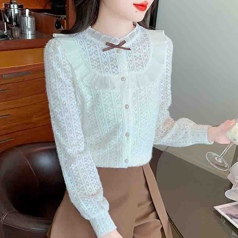 Fashion New 2024 Winter Long Sleeve Ruffled Collar Ruffles Slim Apricot Velvet Lace Blouse Shirt Women Tops Blouses Shirts J810