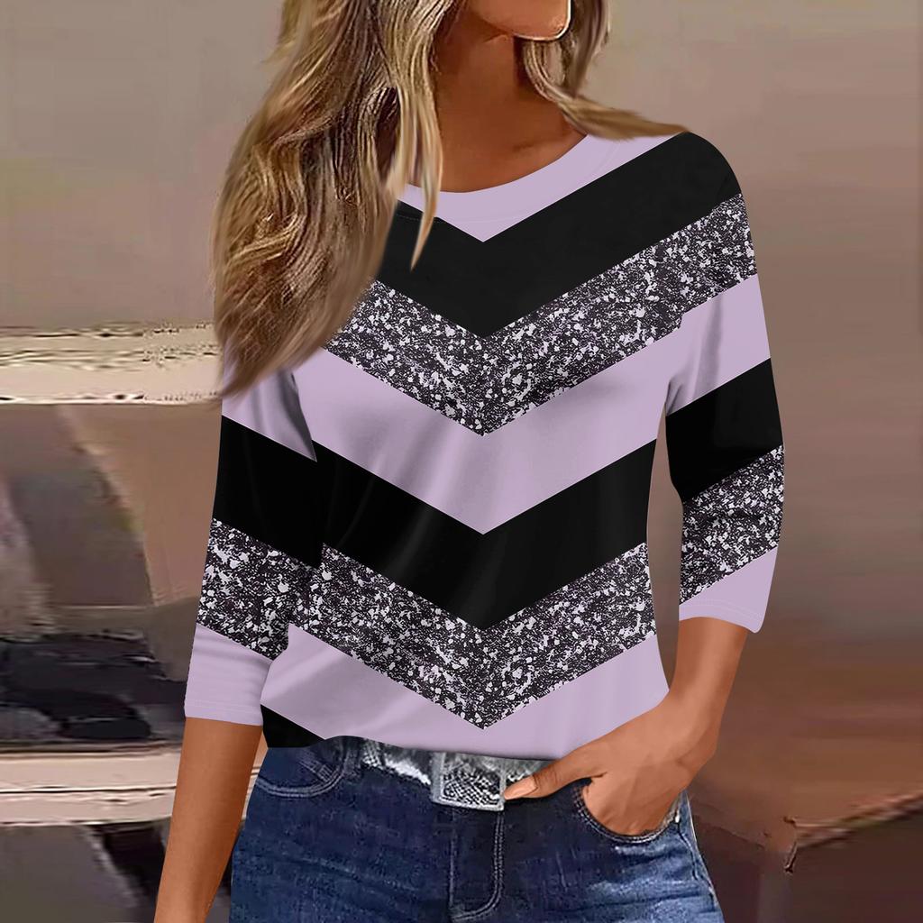 Women's Fashionable Casual Round Neck T-Shirt With Striped Patchwork Print And Three-Quarter Sleeves