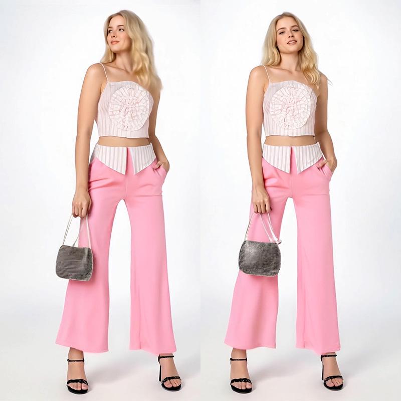 European-American Design Women's Striped Floral Tube Top & Straight-Leg Pants Set