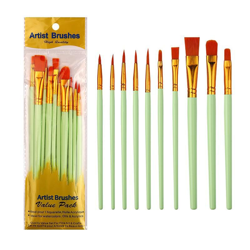 10-Piece Children's Paint Brush Set: Blue Handle Nylon Brushes for Acrylic, Watercolor, and Oil Painting