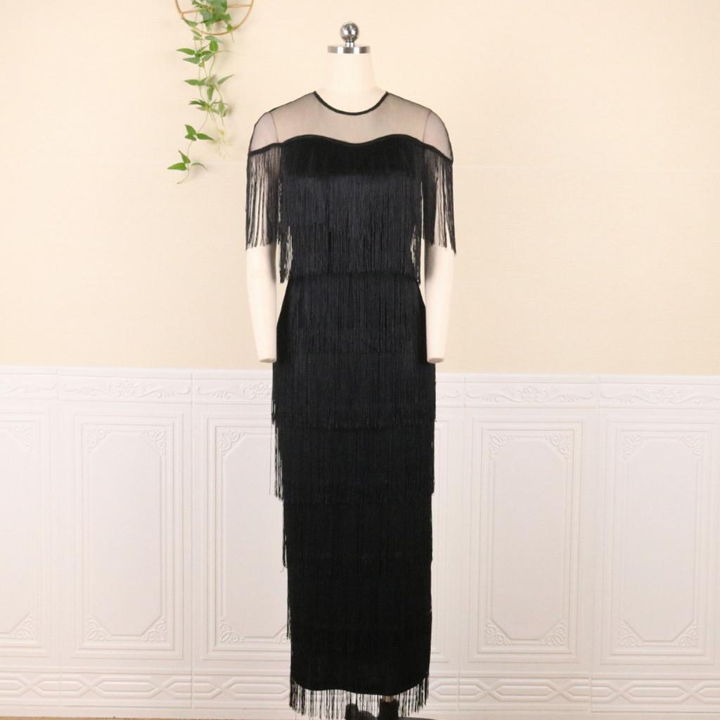 Plus Size Women's Round Neck Sheer Side Slit Tassel Cocktail Party Dinner Dress, Up To 200lbs