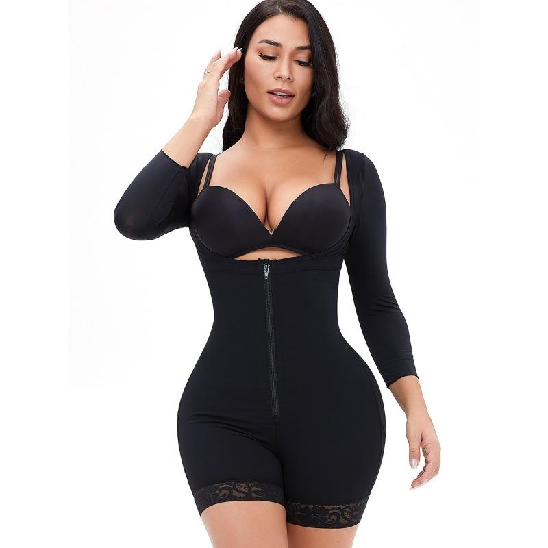 

Women Long Sleeve Front Zipper Spaghetti Strap Open Bust Lace Hem Tummy Control Full Body Shapewear Bodysuit S чорний