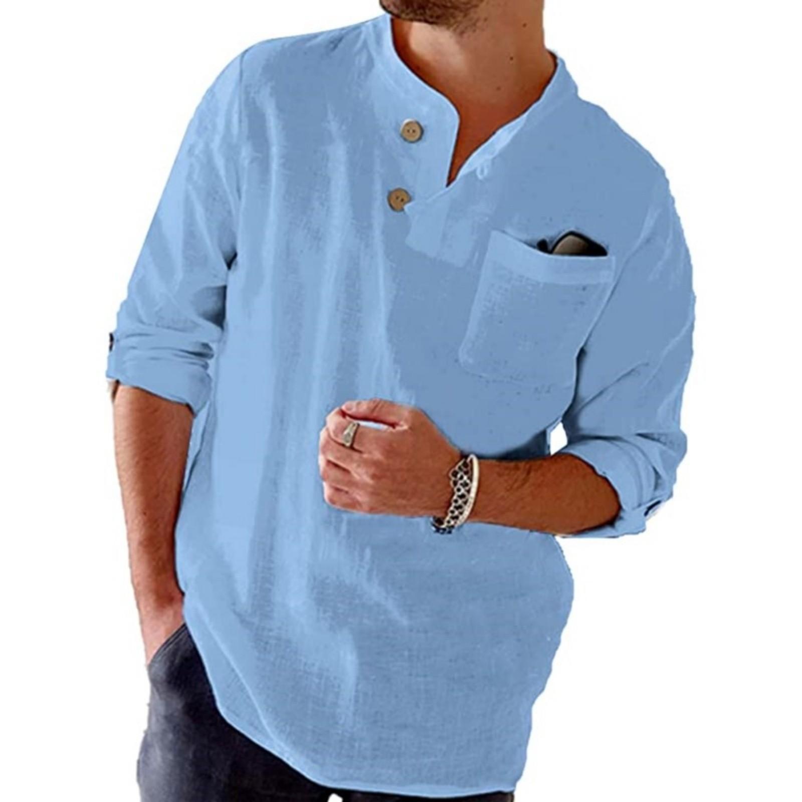 Men s Cotton And Linen Casual Cardigan Front Pocket Button Long-sleeved Shirt XXXL