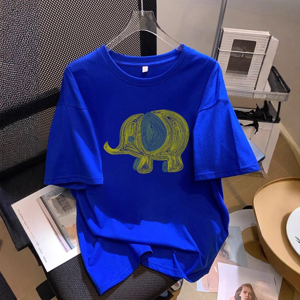 

Летняя женская свободная футболка в студенческом стиле с милым принтом слона и короткими рукавами 3XL синий