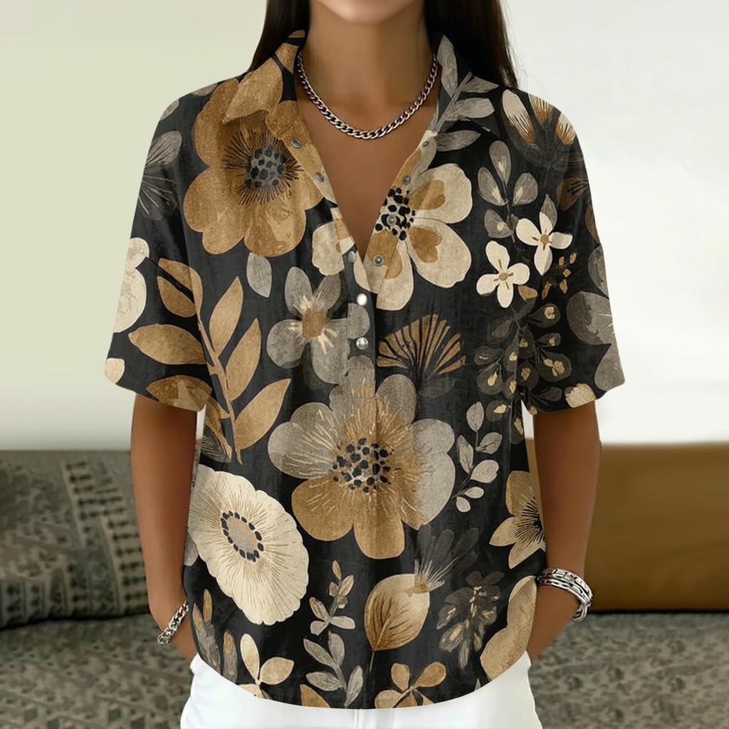 Women Vintage Floral Print Short Sleeve T Shirt Loose Fit Polo Collar Button Down Cotton Linen Blend Casual Top