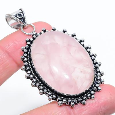Natural Rose Quartz Gemstone Handmade 925 Sterling Silver Pendant 2.56" D9l16