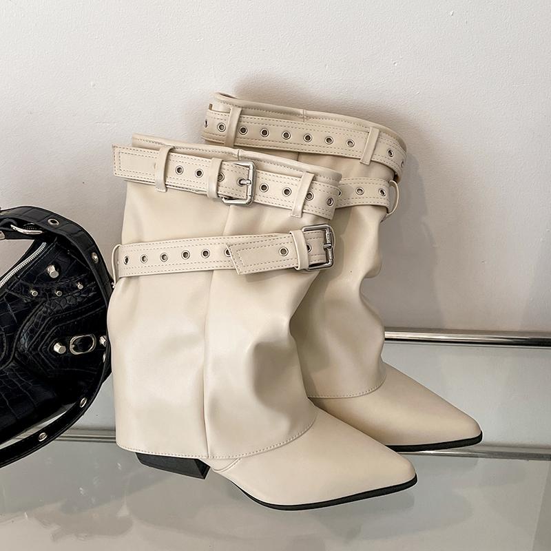 Fashion Pointed Toe Women Western Ankle Boots Elegant Thick Heels Shoes Laides Belt Buckle Short Booties Zapatos Mujer