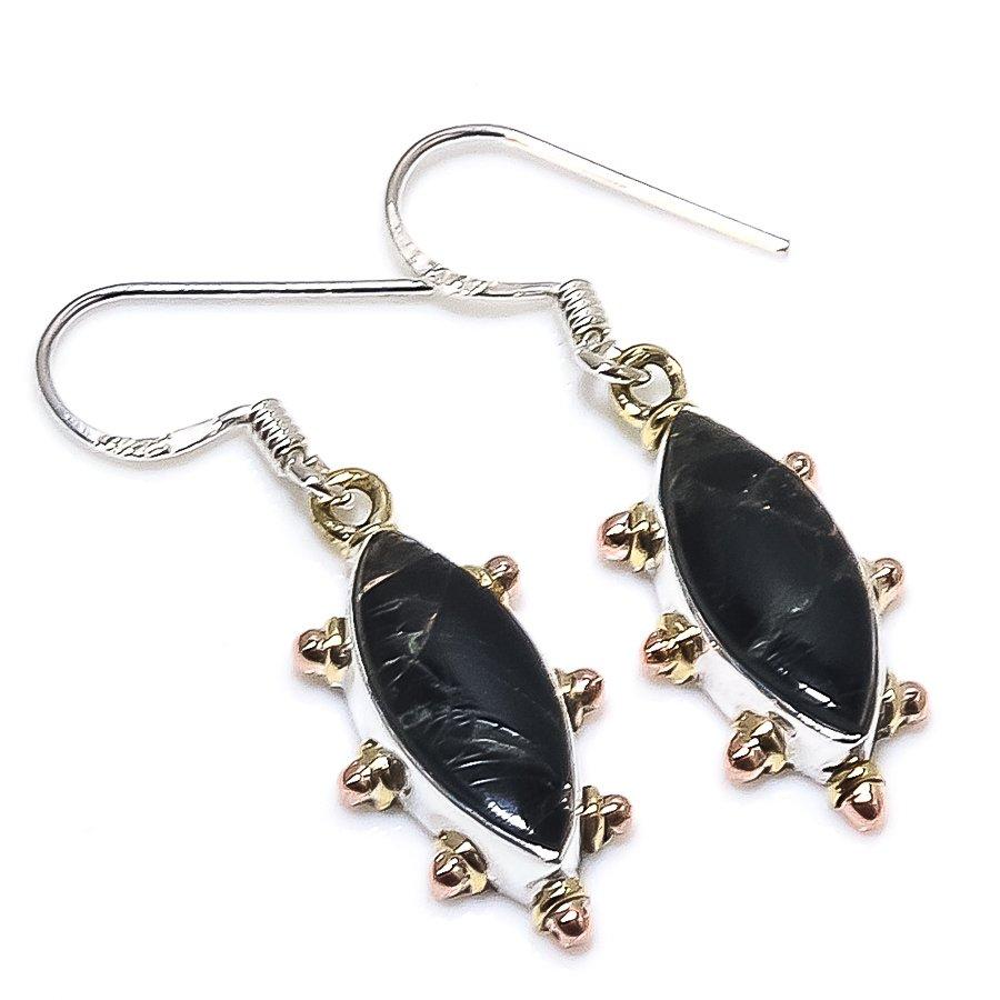 Natural Black Copper Turquoise 925 Solid Sterling Silver Gift Earring 1.25" M1j93