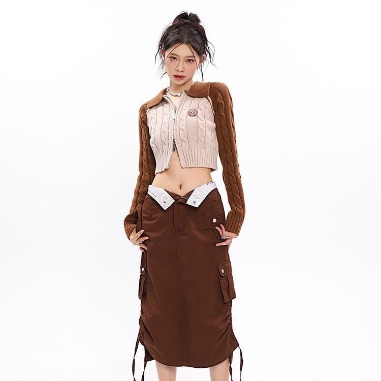 Korean Fashion Zip Up Short Sweatshirts Women Casual Knitted Cardigan Streetwear Polo Hoodie Y2k Long Sleeve Sweater Top Female