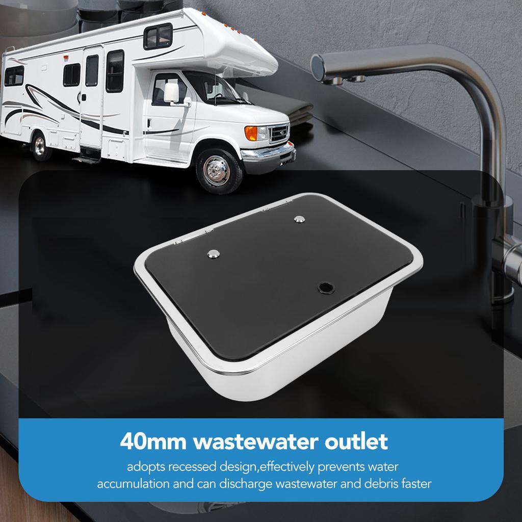 RV Sink Square 15.2 X 11.2 X 5.44in Single Bowl Stainless Steel Sink with Tempered Glass Lid and 40mm Drain Hole