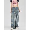 Women's High Waist Floral Print Denim Jeans - Summer 2024 Collection, Straight Wide Leg Slimming Fit.