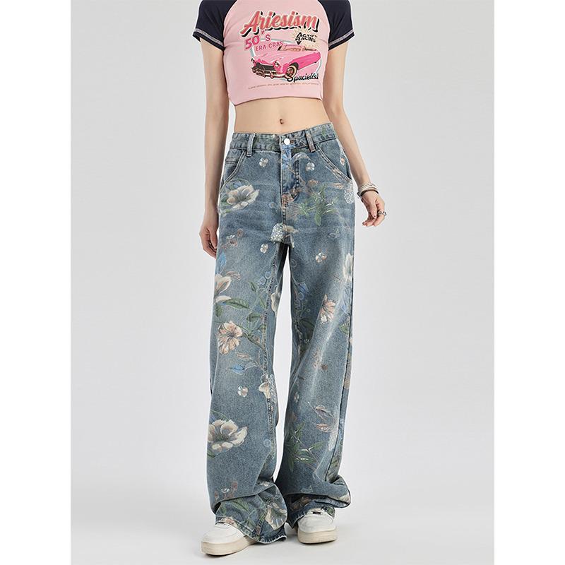 Women's High Waist Floral Print Denim Jeans - Summer 2024 Collection, Straight Wide Leg Slimming Fit.