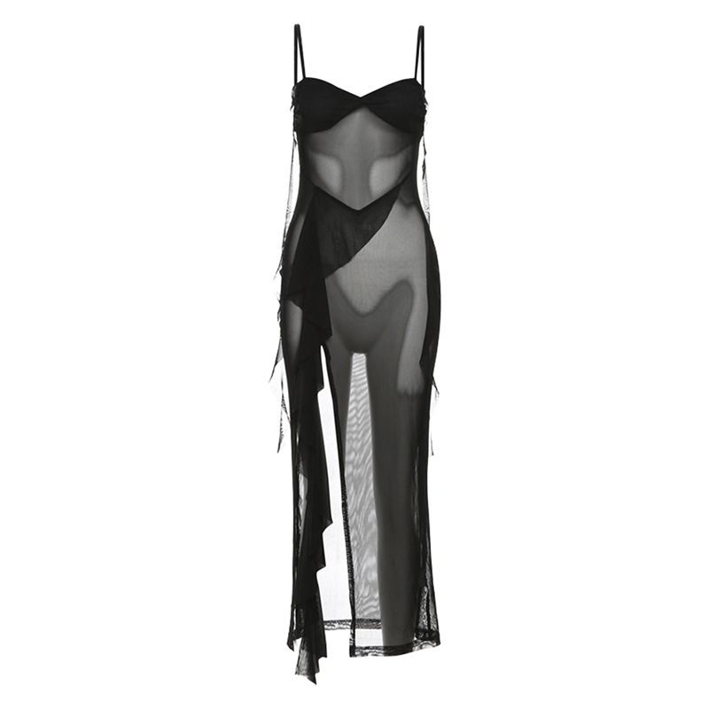 

Mesh Slit Irregular Suspender Dress Mesh Split Irregular Spaghetti-Strap Dress Black L