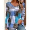 Autumn and Winter Women's 3D Checked Printed V-Neck Long Sleeve T-Shirt