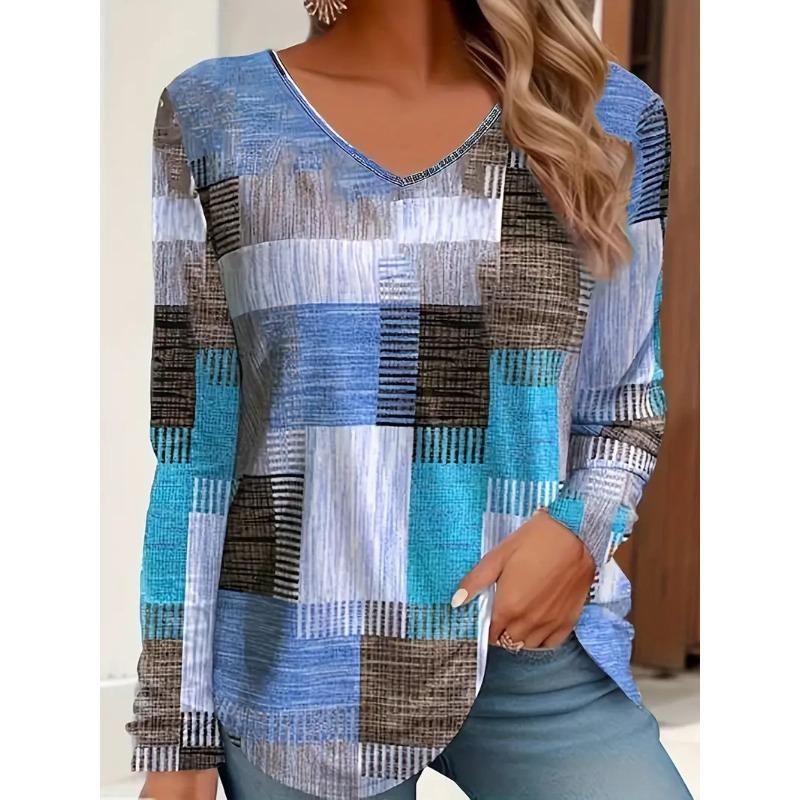 Autumn and Winter Women's 3D Checked Printed V-Neck Long Sleeve T-Shirt