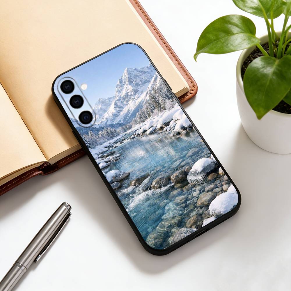 

Snowy Plain and Iceland Phone Case Black Silicone Soft For Samsung Galaxy A73,A72,A71,A70,A53,A52,A51 Samsung a21s