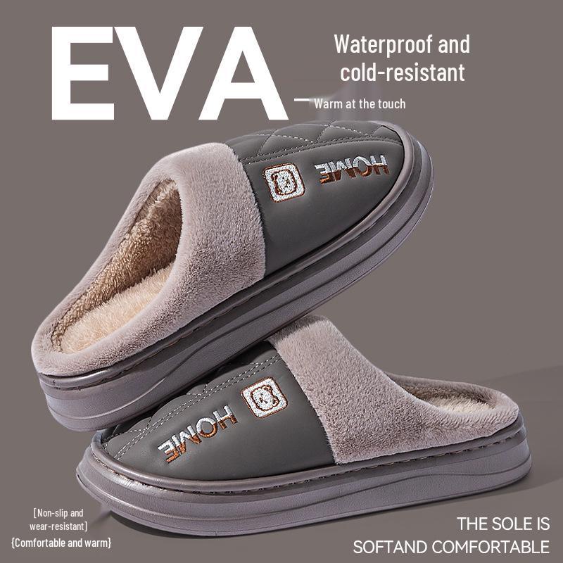 2025 New PU Leather Waterproof Non-Slip Cotton Slippers for Men and Women - Indoor Warm Autumn/Winter Footwear