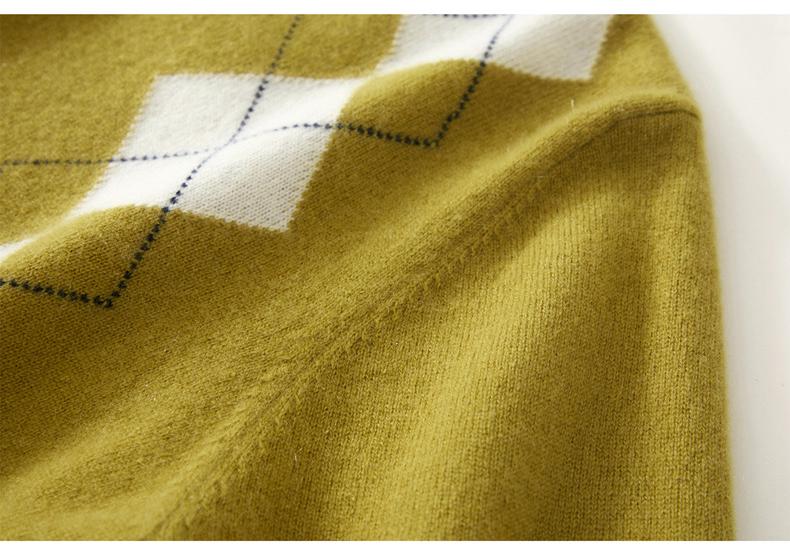 Pure Cashmere Color Block Knitwear with Diamond Pattern