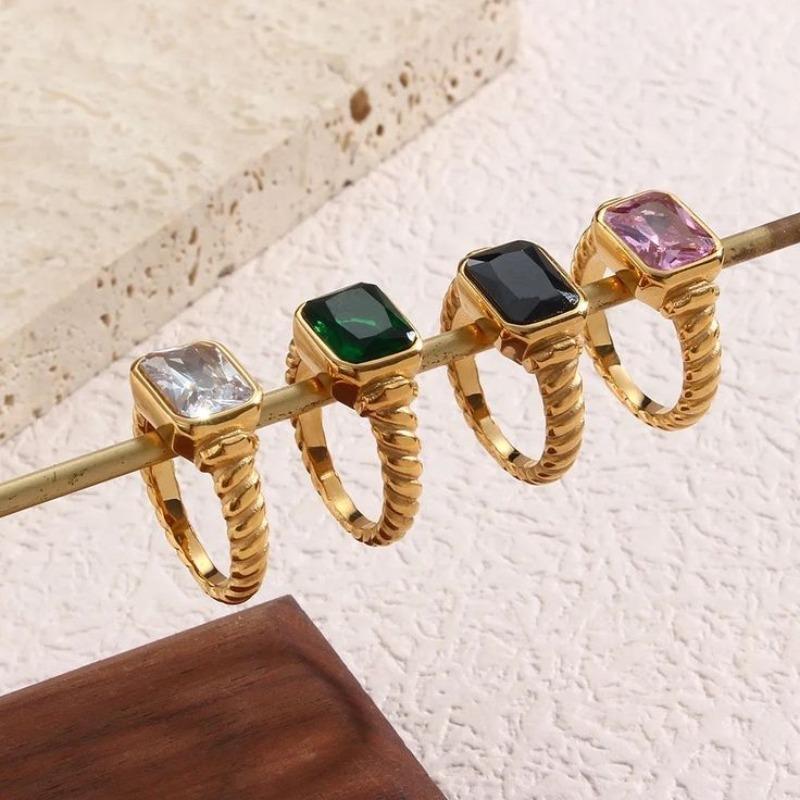 18K Gold Plated Square Multi-color Crystal Chunky Rings Stainless Steel Hypoallergenic Texture CZ Zircon Knuckle Ring Anillos