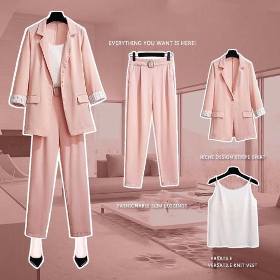 3 Pcs/Set Blazer Suit Pants Vest Set Elastic Waist OL Style Solid