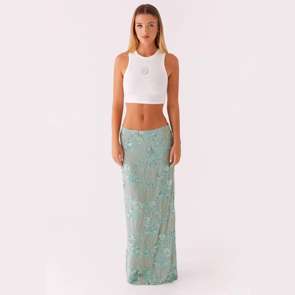 Women's Elastic Waist Bodycon Maxi Skirt Slim Fit Sexy Style Floral Sequin Embroidery Mesh Long Maxi Skirt for Beach Party Club Wear