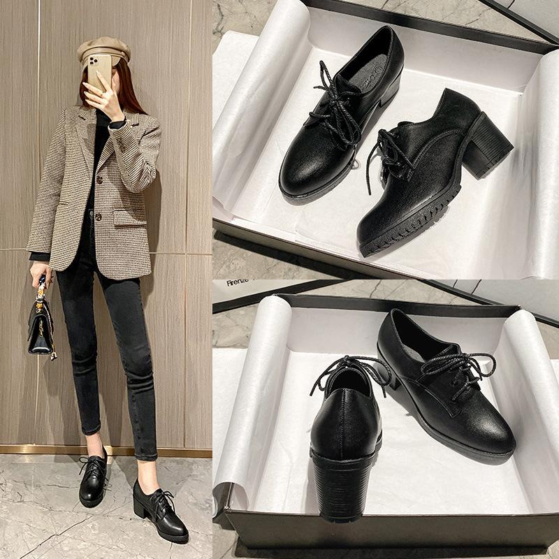 Large Size Thick Heel Brock Shoes Women's Casual Small Leather Shoes Temperament Black Strap High Heels