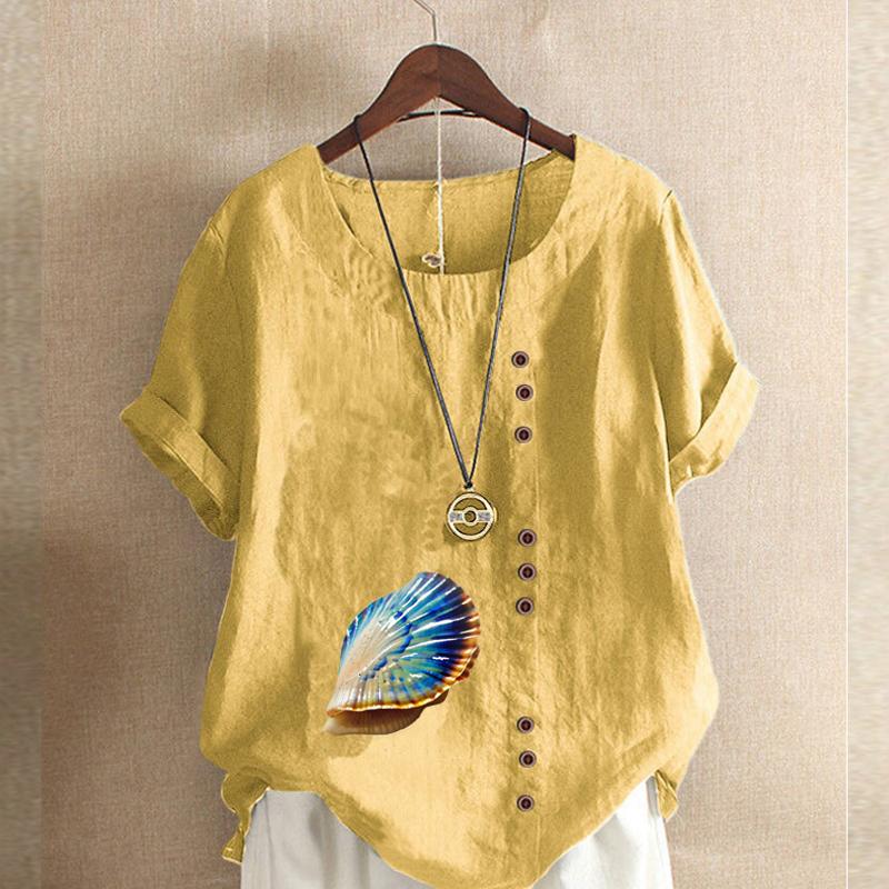 Women's Fashion Round Neck Short Sleeve T-shirt Casual Cotton Linen Graphic Shirt Shell Prined Summer Blouse Tops Plus Size