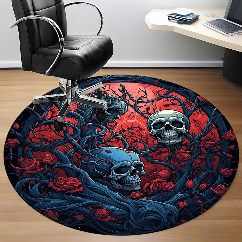 1pc Skulls Roses Office Round Area Rug, Under Office Chairs Bedroom Living Room Home Decor, Room Deco
