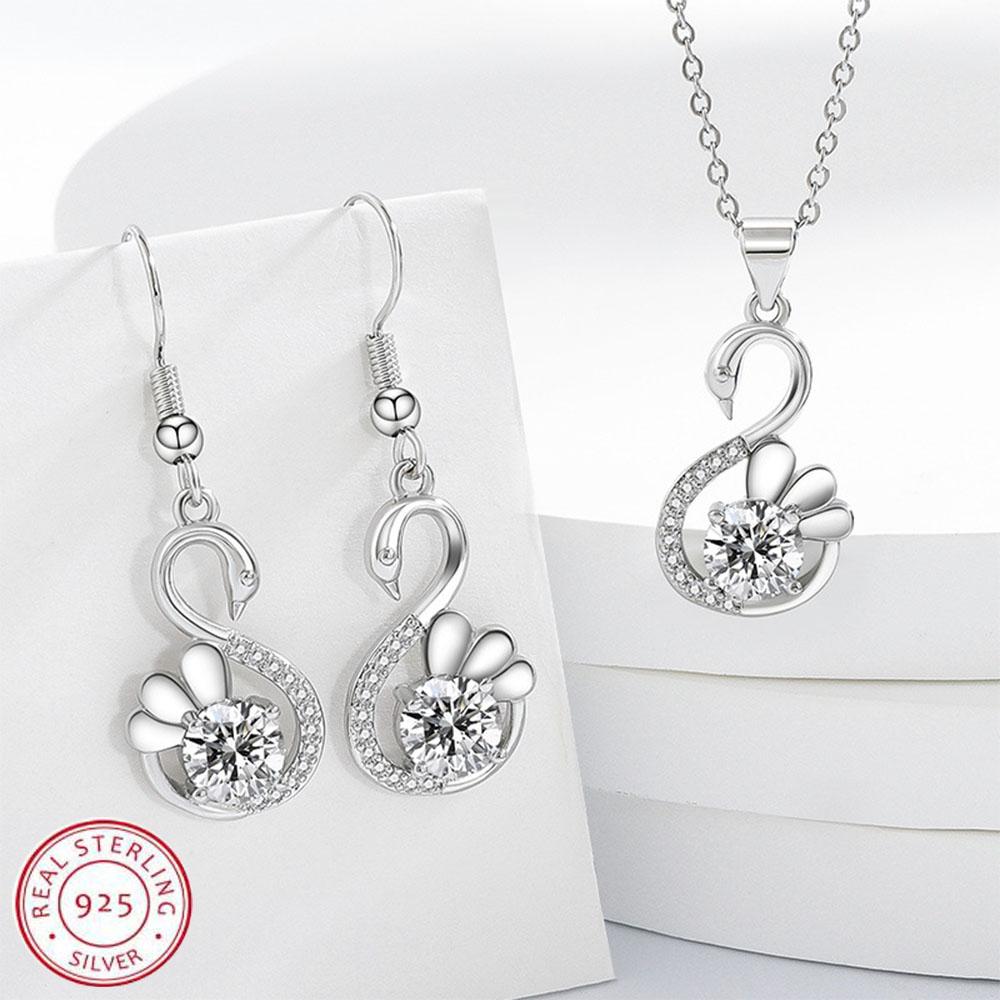 New Fashion Women Pendants Necklace Simple Geometry Square Earrings Crystal 925 Sterling Copper Color Zircon Sets for Wedding