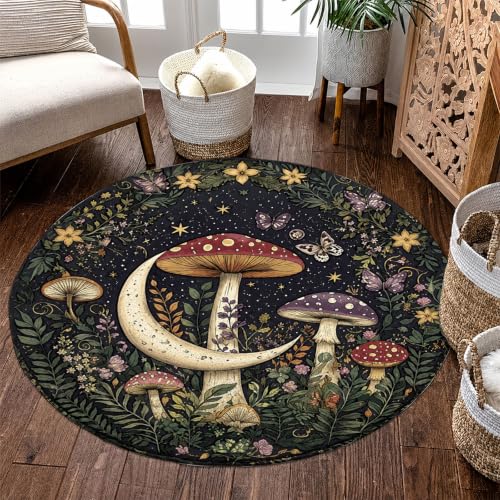Round Area Rug Golden Crescent Moon Umbrella Cap Matrix Golden Foliage Border Star Particles Solid Black Backdrop for Floor