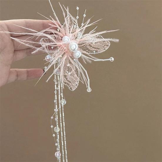 Damen Haarnadel Imitation Perle Feder Schmetterling Dekor Haarspange mit Perlen Quaste Süße Haaraccessoires