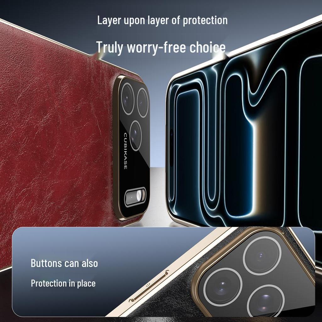 Electroplated Leather Phone Case for iPhone 17 Pro Max: Drop-proof, Oil-Wax Leather Texture, Compatible with iPhone 16