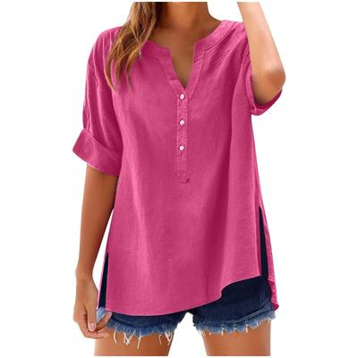 Spring Summer Top Button Up Shirt Casual Loose Top Solid Color Short Sleeved V-neck Top T Shirt