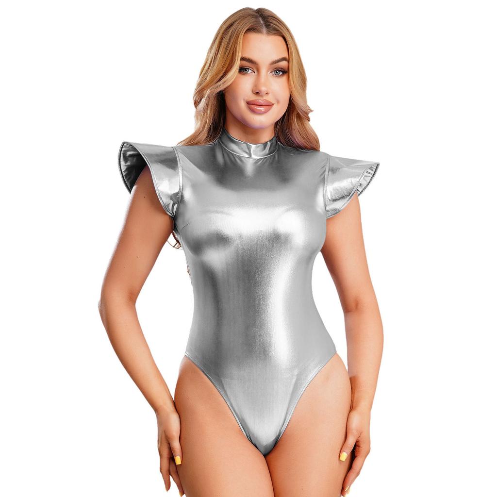 Dámský lesklý body s muchlavými rukávy, trikot s rolákem, zadní zip, jednodílný overal, vesmírný tématický klubový obleček