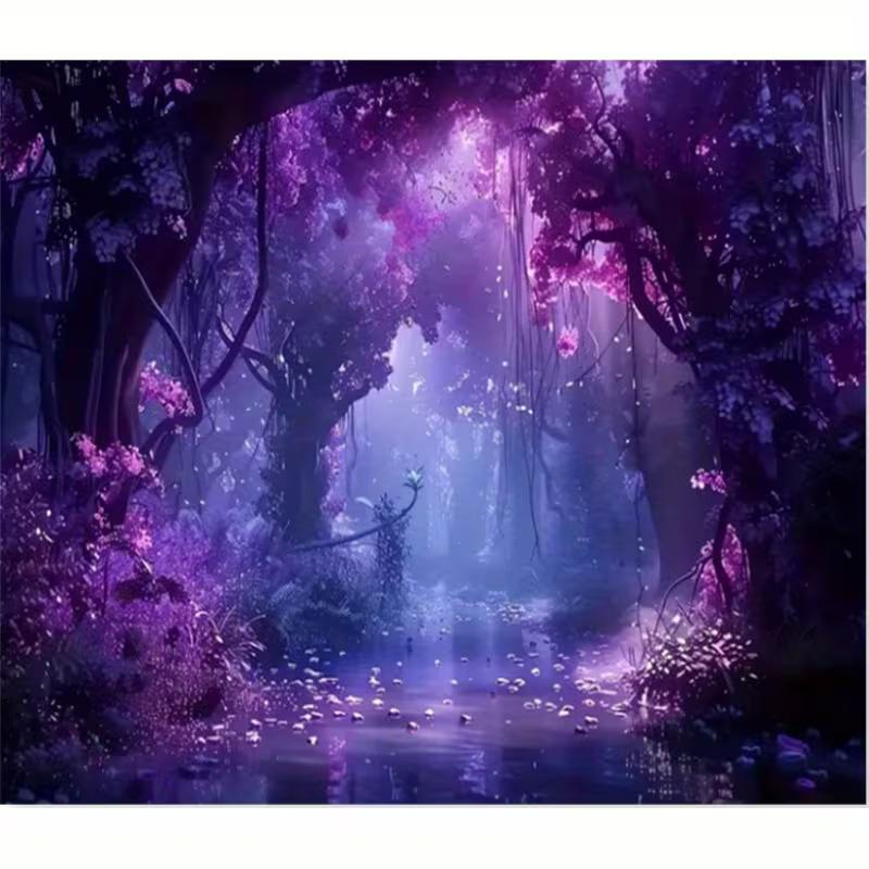 2D Dreamy Purple Forest Tapestry, Magical Fantasy Landscape Background Cloth