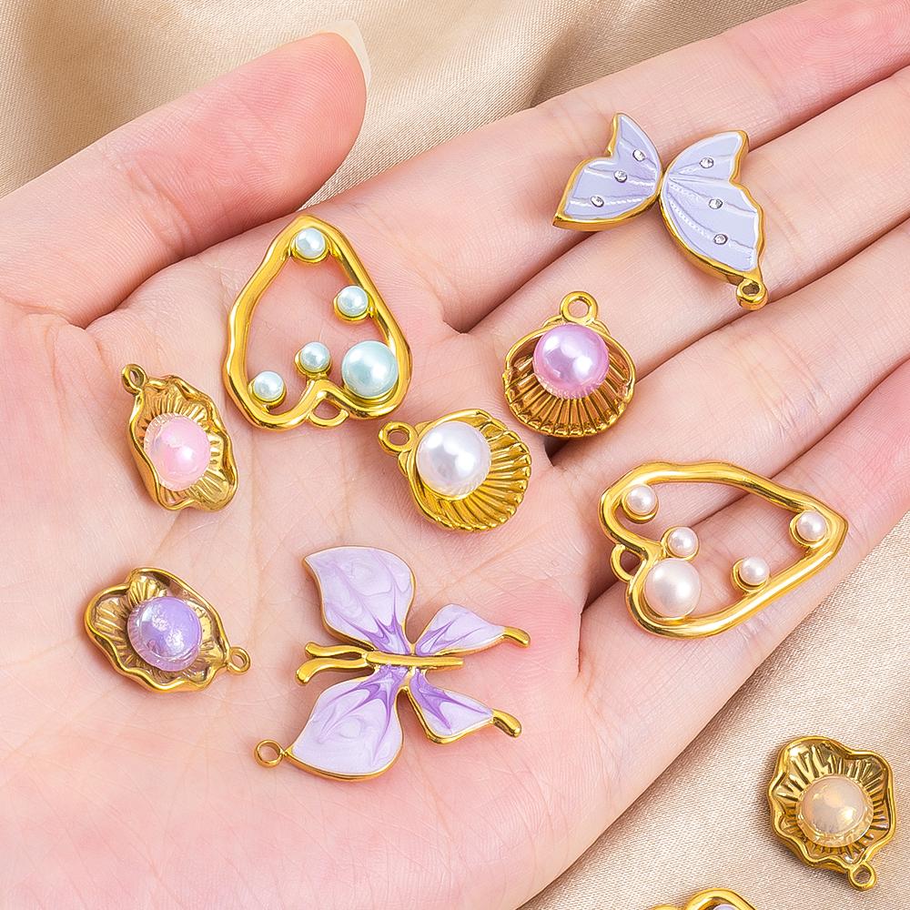 2pcs Stainless Steel Enamel Butterfly Pendants Crystal Bead Imitation Pearl Shell Heart Charm DIY Trendy Necklace Jewelry Making