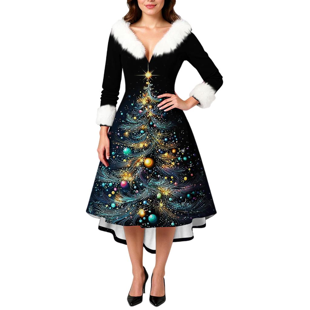 Women's Fashion Elegant Autun And Winter Long Sleeve V-Neck Christmas Print Dress