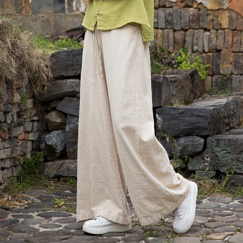 

Johnature Women Vintage Straight Pants Elastic Waist Solid Color Trousers Summer Soft Pockets Belt Pants One Size бежевий