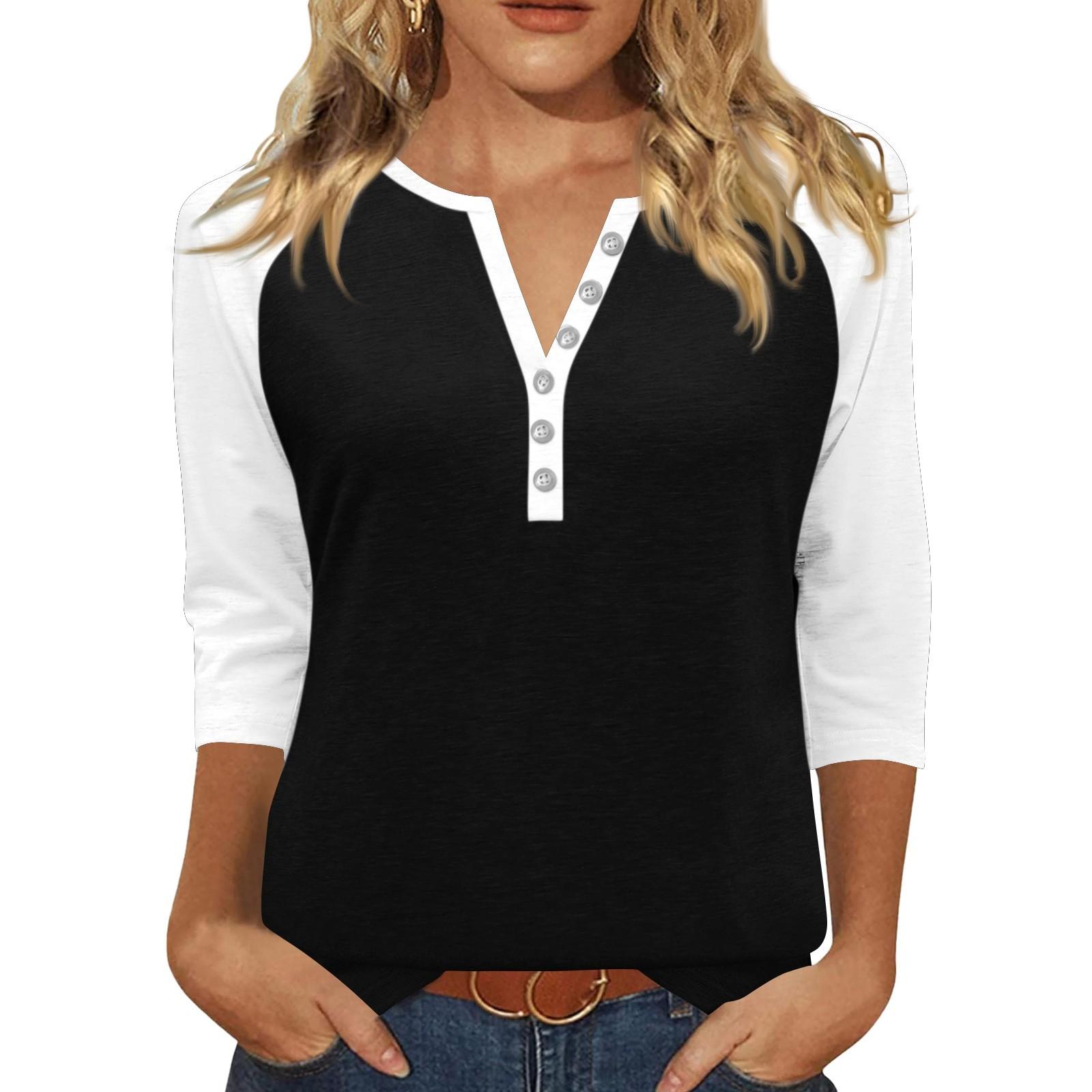 

Жен. Футболка С принтом Пуговицы Рукав 3/4 Повседневные Выходные Мода Классический Классический V-образный вырез Обычный Верх M чёрный