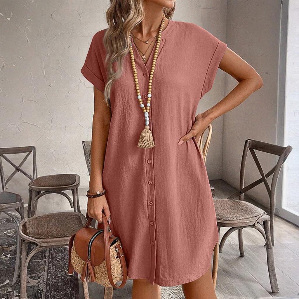 Ladies' Loose And Comfortable Summer Color Cotton Linen V-neck Button Up Dress