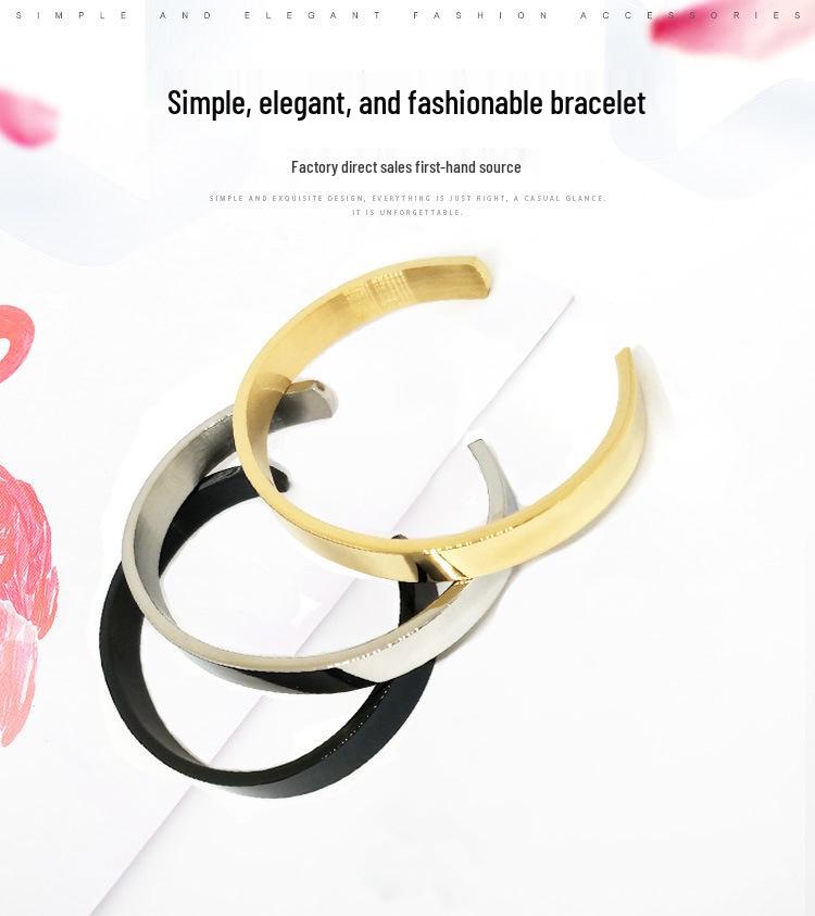 European-American Fashion C-Shaped Stainless Steel Men's Bracelet, V-Shaped Openable Polished Design, Vacuum Electroplated Titanium Steel.