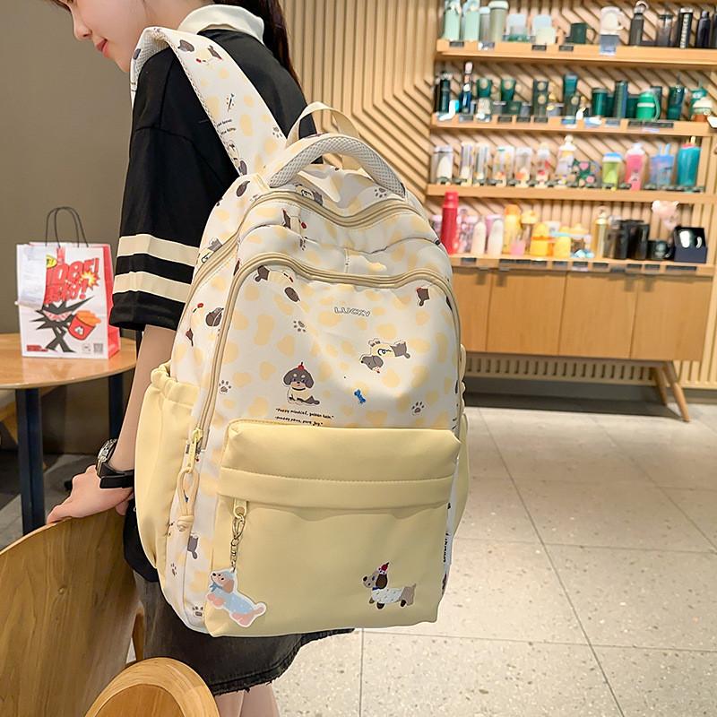 Cute Dachshund Dog Cartoon Printed Student Backpack With Pendant School For