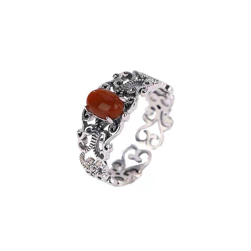 Women's Hollowed-Out Nan Hong Floral Ruyi Ring - Ethnic Style, Adjustable, Fashionable, Versatile.