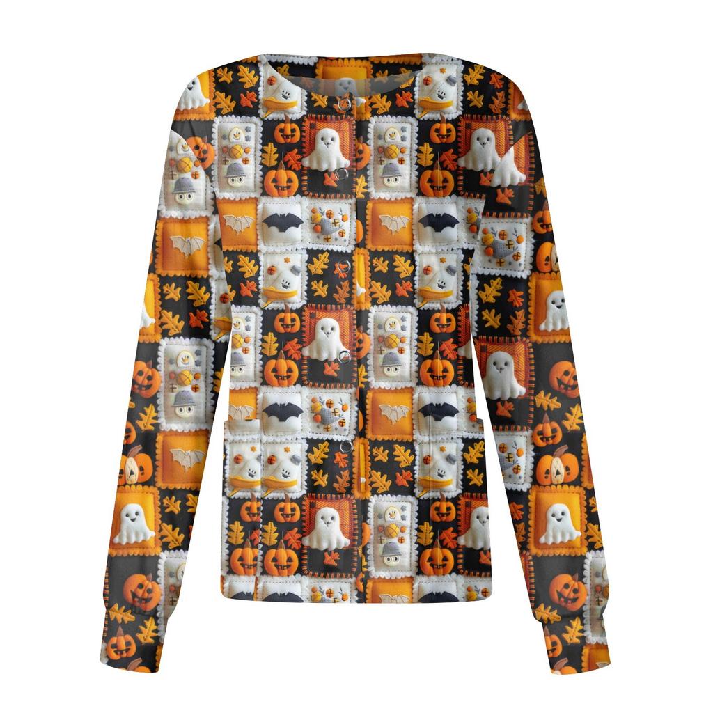 Women Long Sleeve Pattern Pocket Working Stand-up Collar Single-breasted Protective Overalls Cardigan Jacket Top