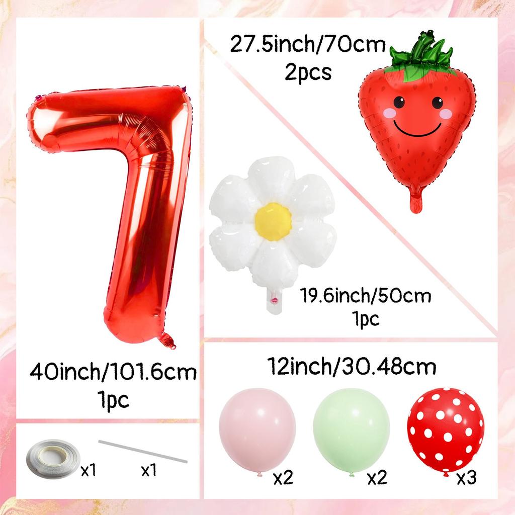 12pcs Strawberry and Red Polka Dot Digital Balloon Set  40 Inch Aluminum Foil, Suitable for Birthday Parties and Celebrations