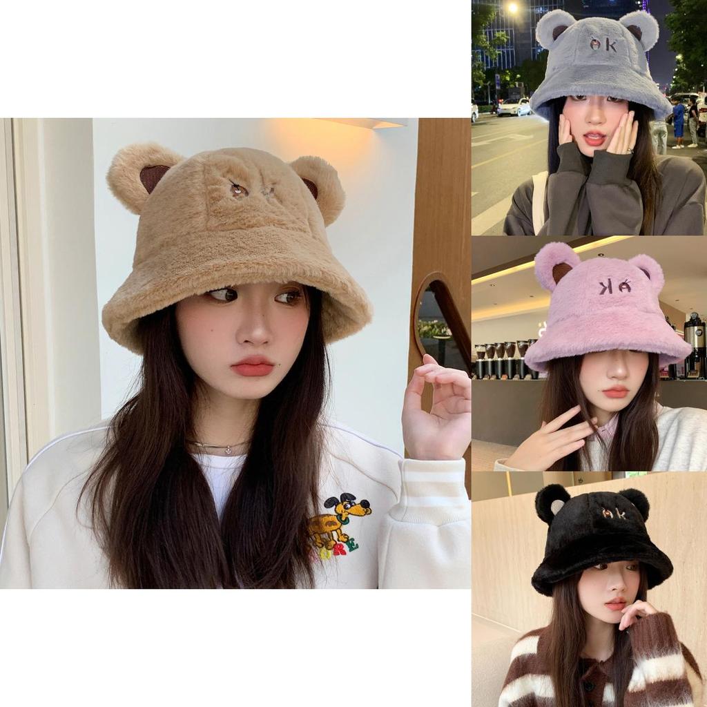 Cartoon Bear Fisherman Hat For Women Cute Warm Polyester Cap For Winter Outdoor Activities