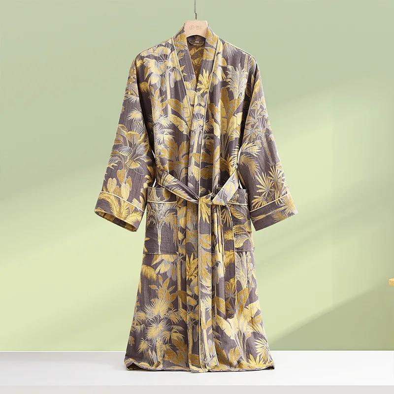 Print Flower Cotton Gauze Kimono Bathrobe Gown Female Robe Negligee Loose Home Dressing Gown Sleepwear Spring Summer Nightwear