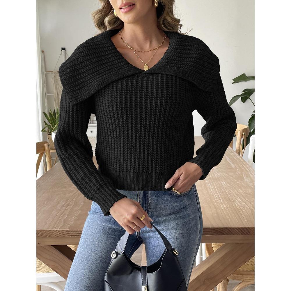 Women’s Cropped Top: New Autumn/Winter Knit Jumper with Large Lapel, Pull-Over Style