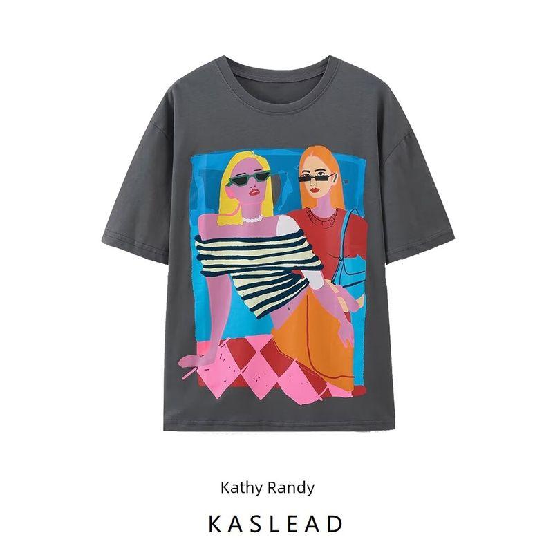 Kaslead New Arrival Women's Fashion Style Fashion Casual All-Matching Printed Washing Effect T-shirt 1131327